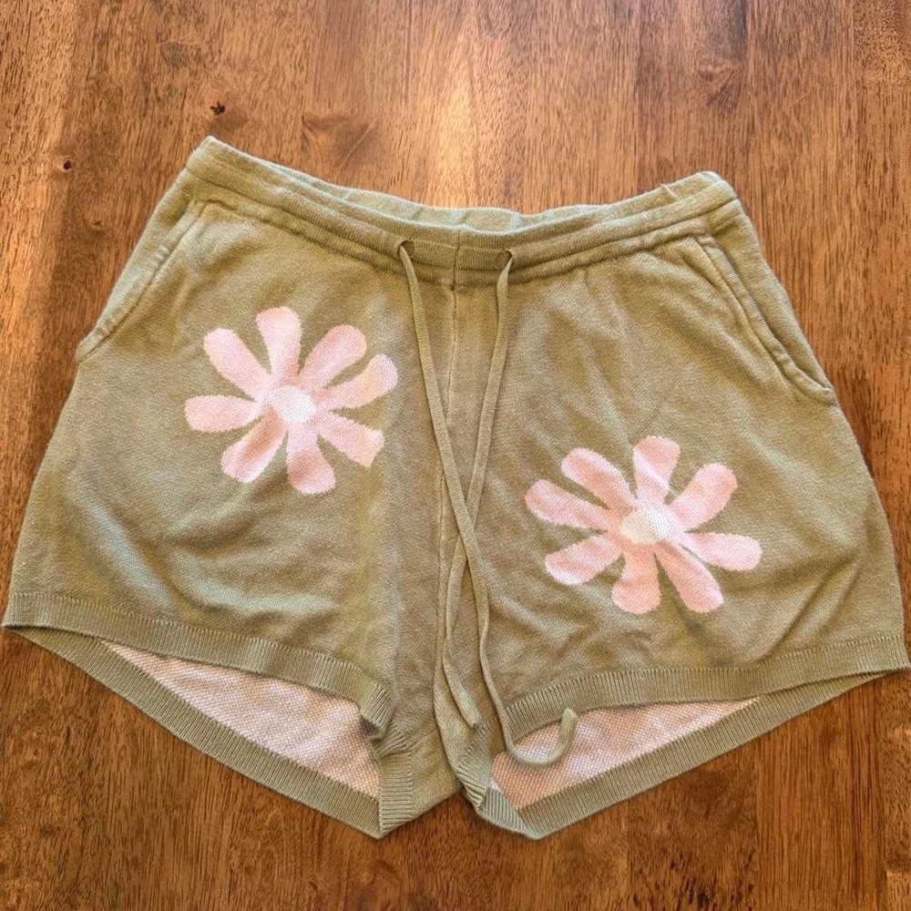 Ekouaer Knit Lounge Shorts Women's M Olive Green Pink Floral Drawstring Cozy